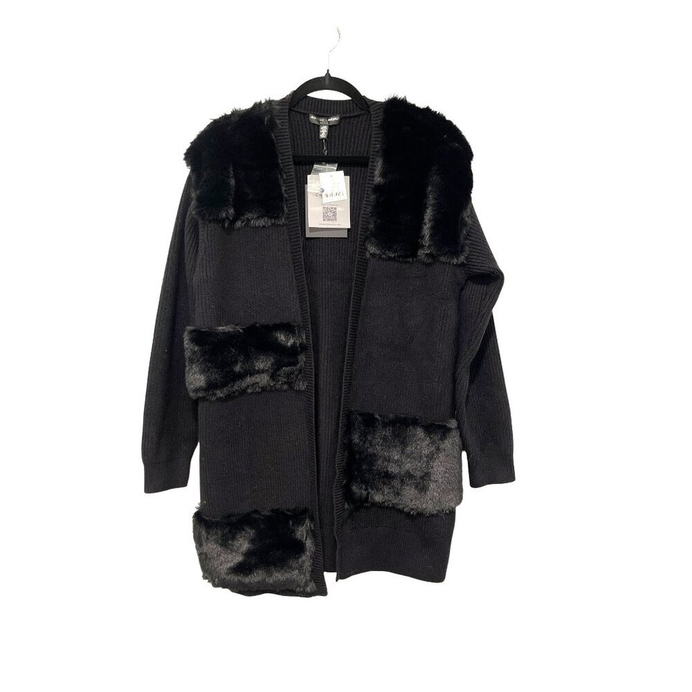 Adrienne Landau Onyx Black Faux Fur Knit Cardigan Sweater Long Sleeve Large NWT